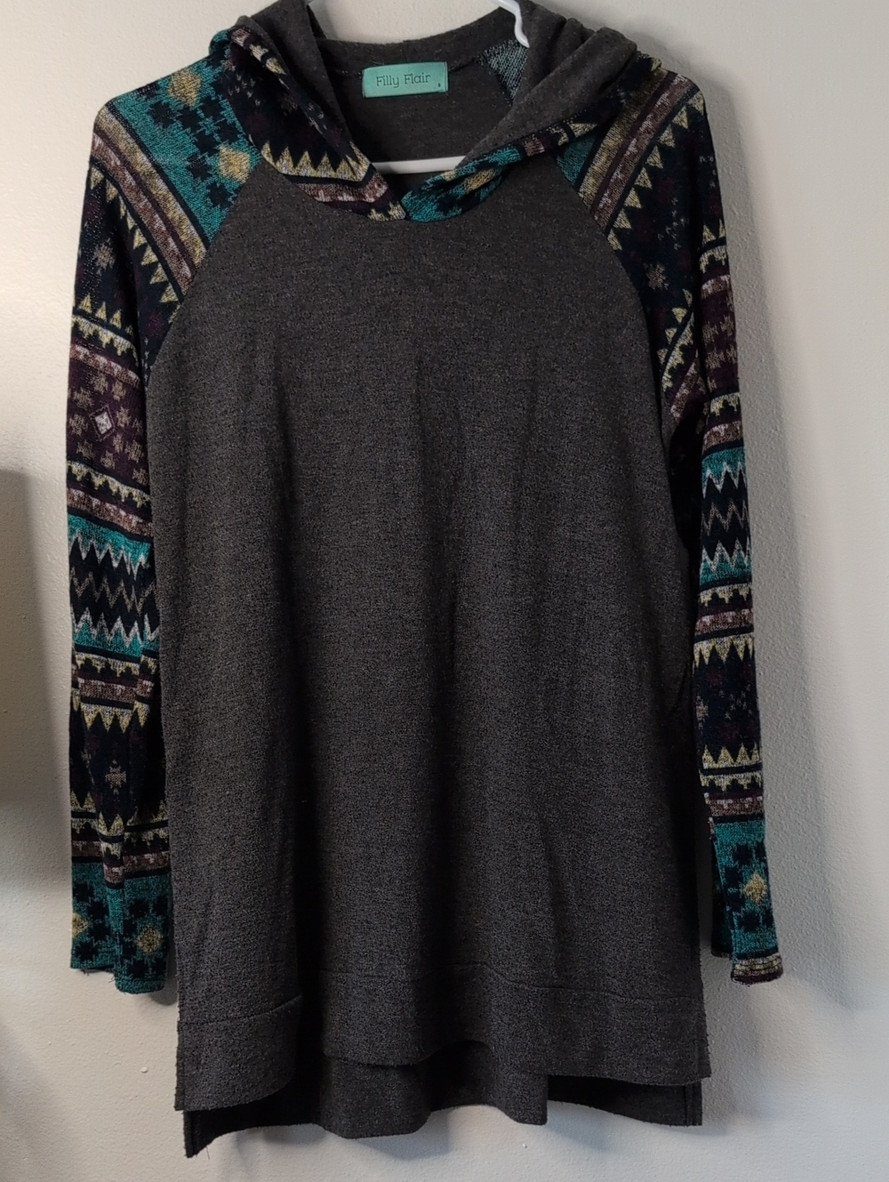 Filly Flair Hooded Tunic with Aztec Sleeve Detail - Gray & Teal